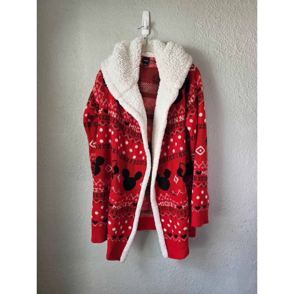 Disney Mickey Minnie Mouse‎ Fair Isle Hooded Cardigan Sweater Red White Black